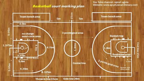 Basketball court diagram labelled: lines, markings and positions.